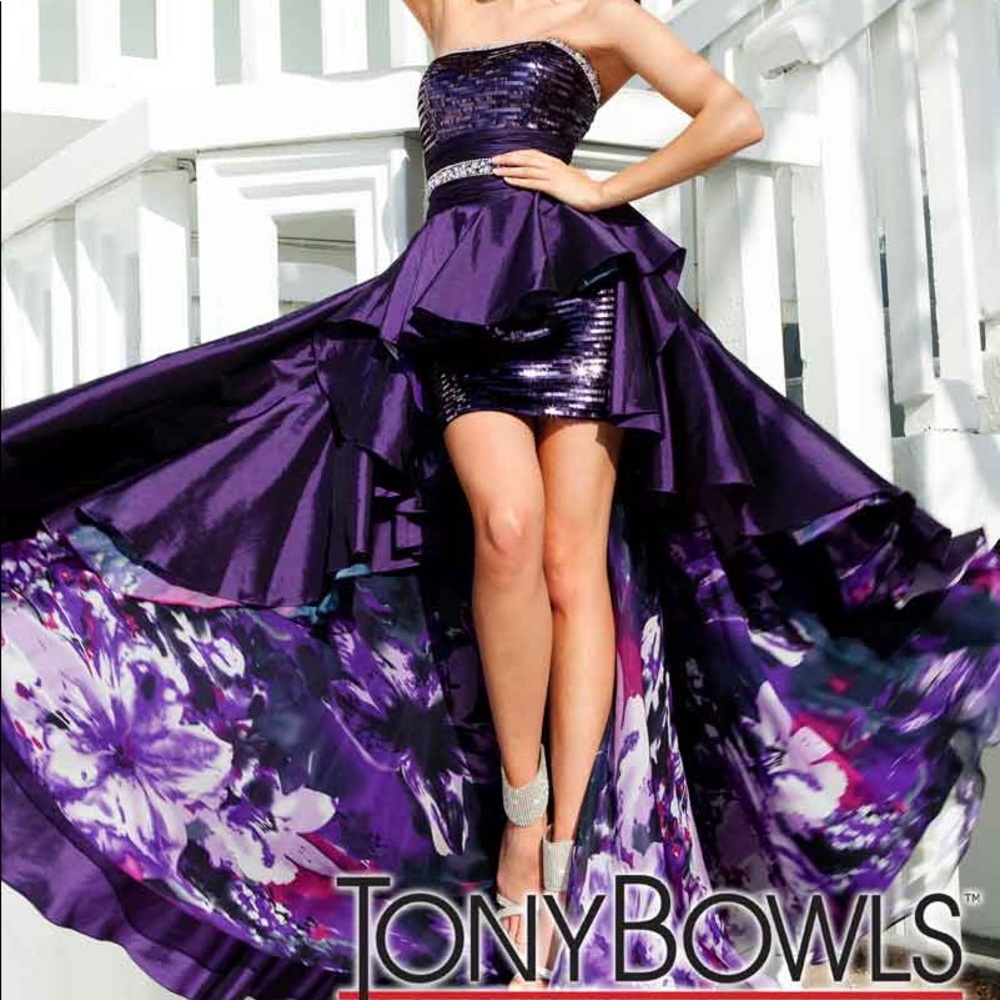 Tony Bowls Evening purple high low sequin dress